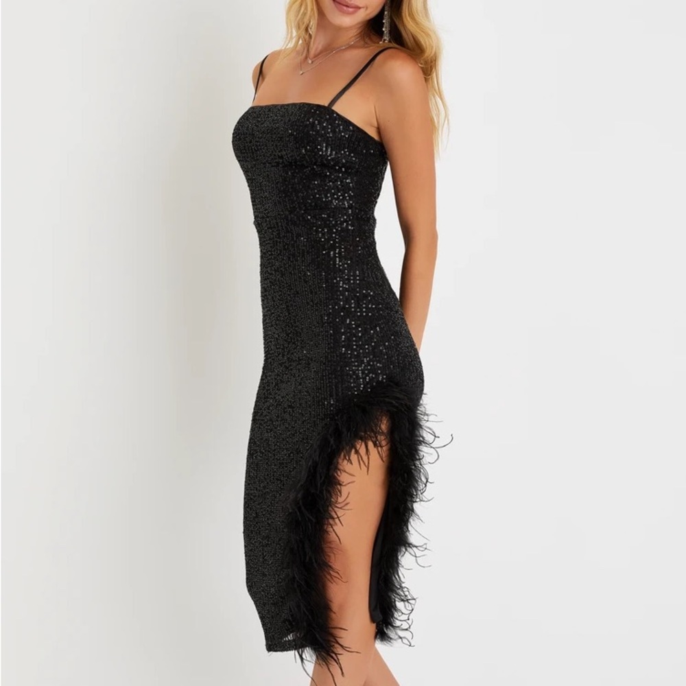 Lulus Sparkling Diva Black Sequin Feather Bodycon Midi Dress